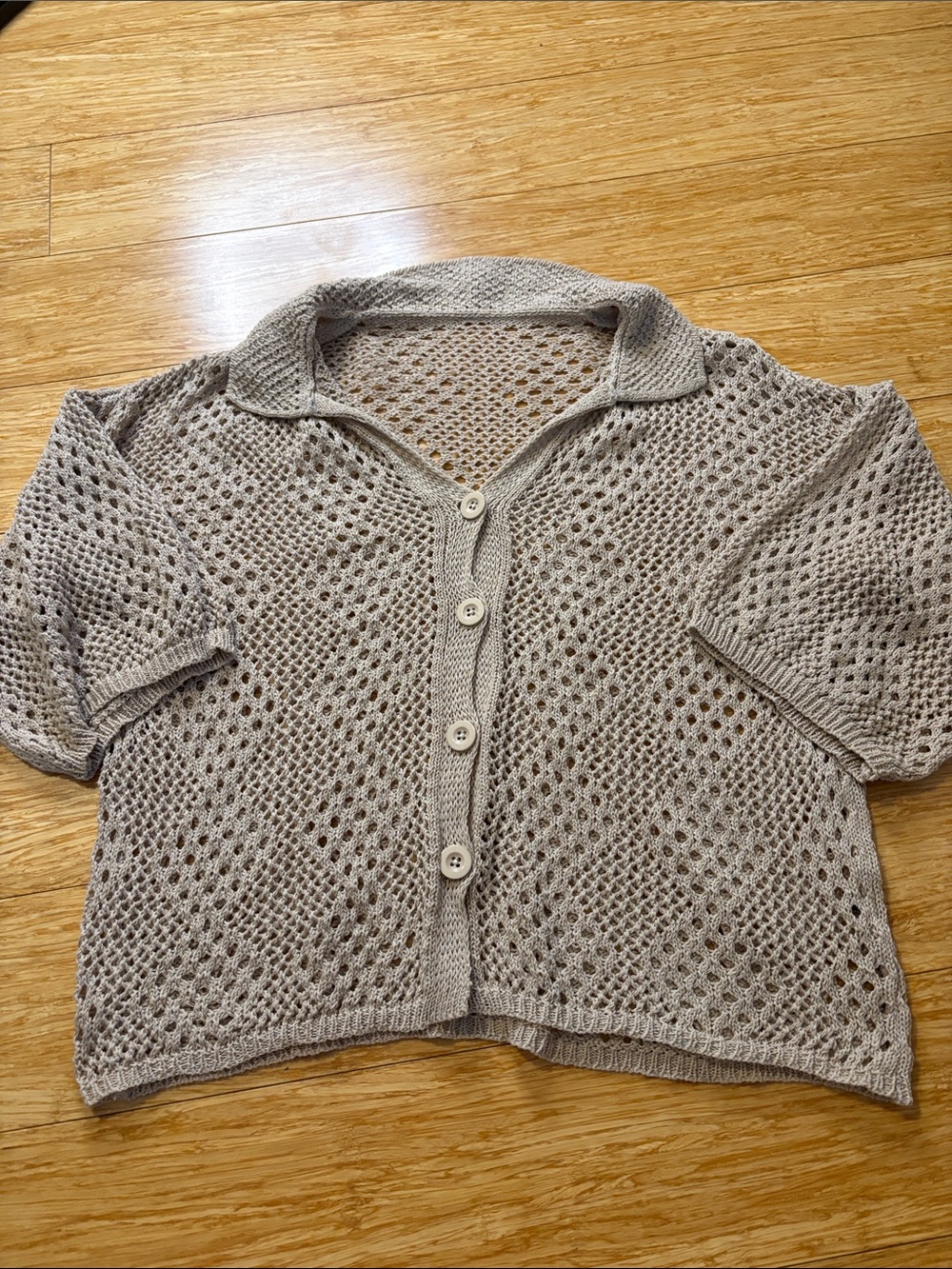 Boho Light Tan Open Knit Collared Button Up Cardigan Sweater Size Medium slouchy